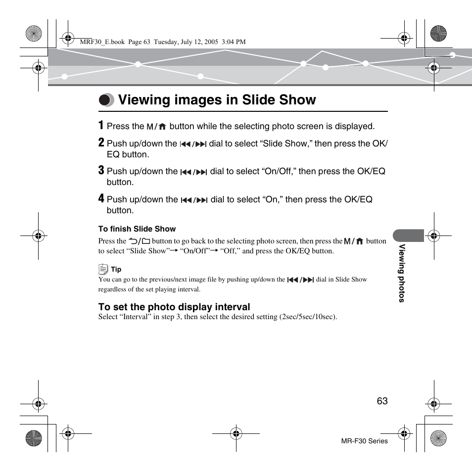 Viewing images in slide show | Olympus MR-F30 Series User Manual | Page 63 / 86