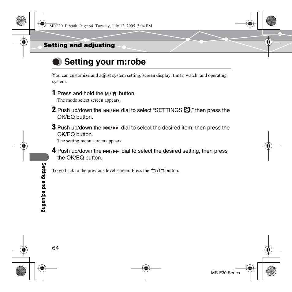 Setting and adjusting, Setting your m:robe, Setting and adjusting setting your m:robe | Olympus MR-F30 Series User Manual | Page 64 / 86