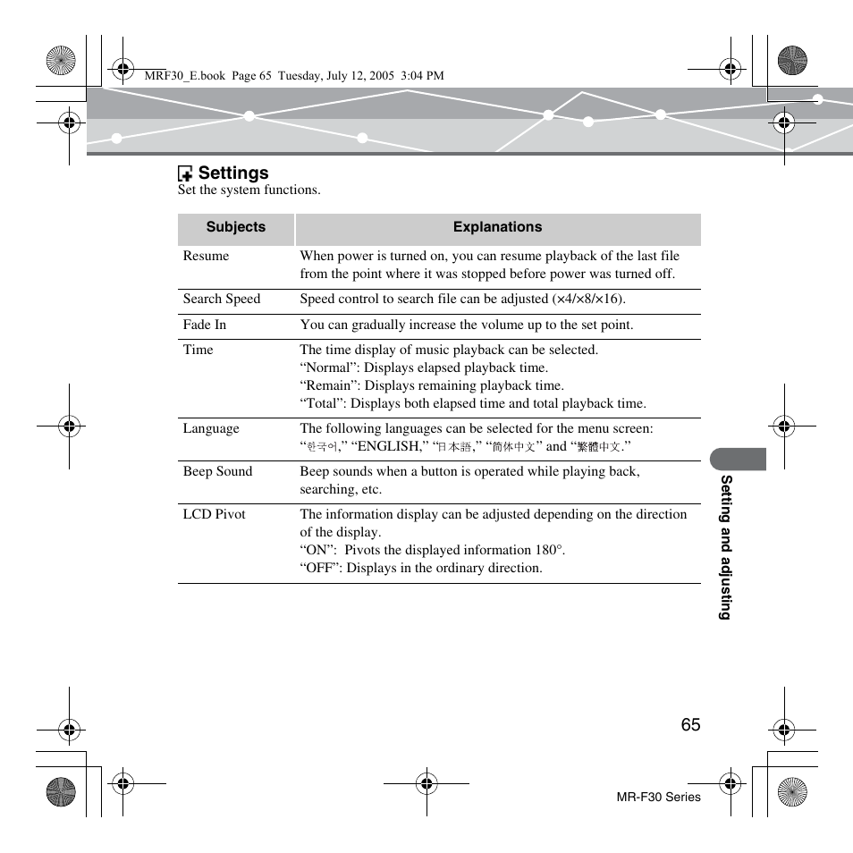 Settings | Olympus MR-F30 Series User Manual | Page 65 / 86