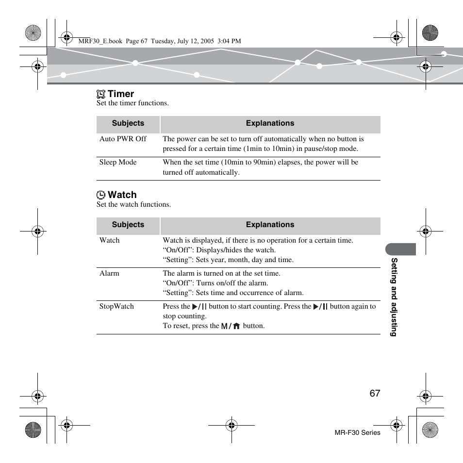 Timer, Watch | Olympus MR-F30 Series User Manual | Page 67 / 86