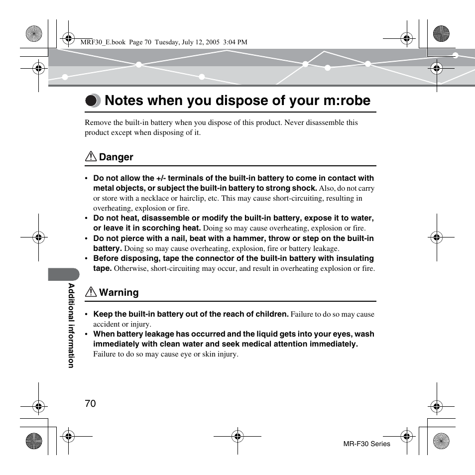 Notes when you dispose of your m:robe | Olympus MR-F30 Series User Manual | Page 70 / 86