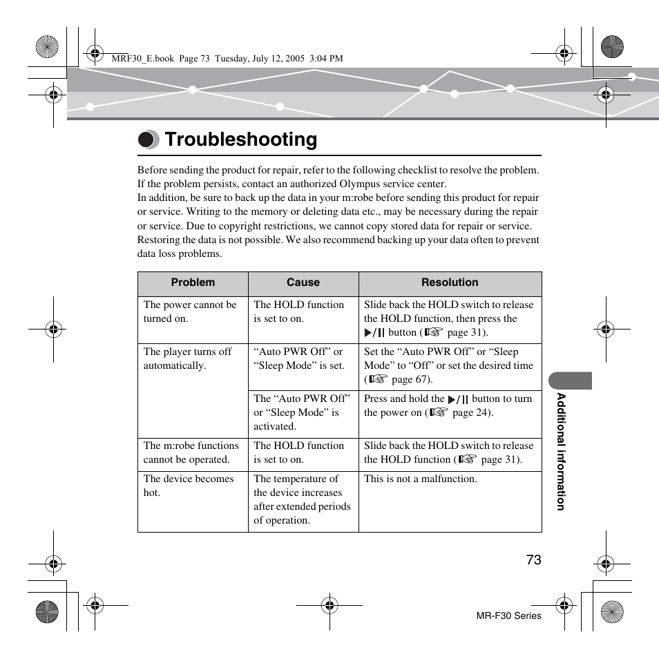 Troubleshooting | Olympus MR-F30 Series User Manual | Page 73 / 86