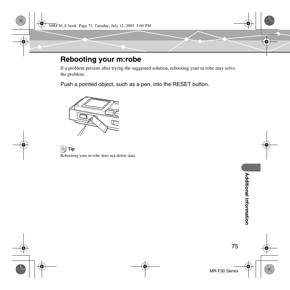 Rebooting your m:robe | Olympus MR-F30 Series User Manual | Page 75 / 86