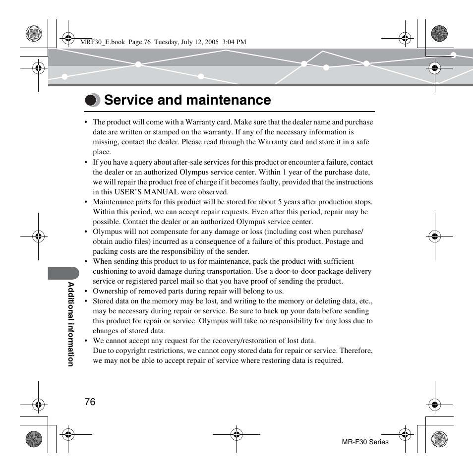 Service and maintenance | Olympus MR-F30 Series User Manual | Page 76 / 86