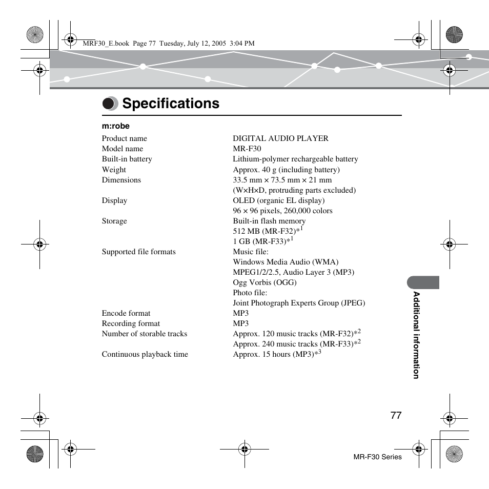 Specifications | Olympus MR-F30 Series User Manual | Page 77 / 86