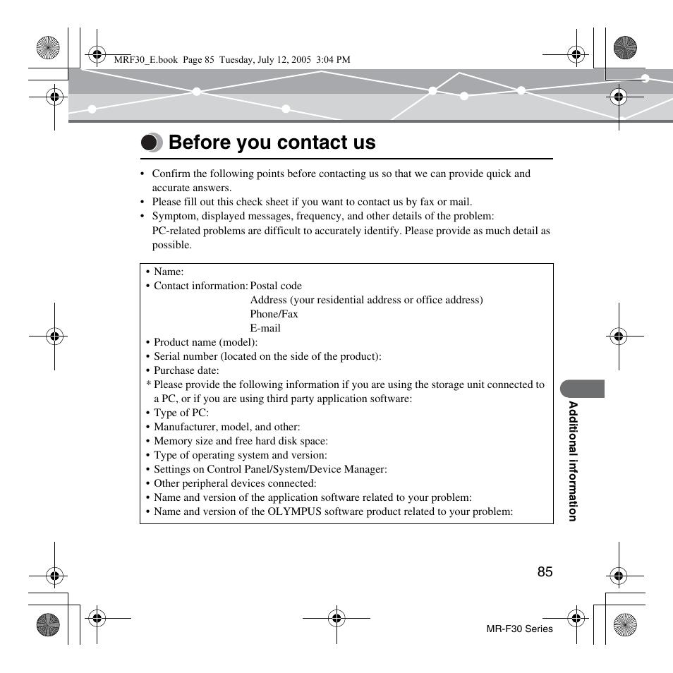 Before you contact us | Olympus MR-F30 Series User Manual | Page 85 / 86