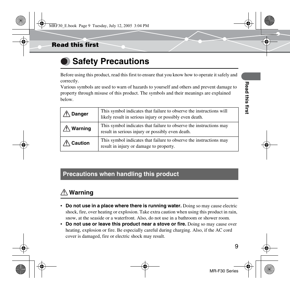 Read this first, Safety precautions, Read this first safety precautions | Olympus MR-F30 Series User Manual | Page 9 / 86