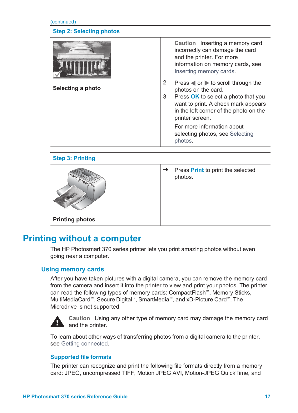 Printing without a computer, Using memory cards, Supported file formats | Supported file formats inserting memory cards, Selecting photos | Olympus 370 series User Manual | Page 19 / 33