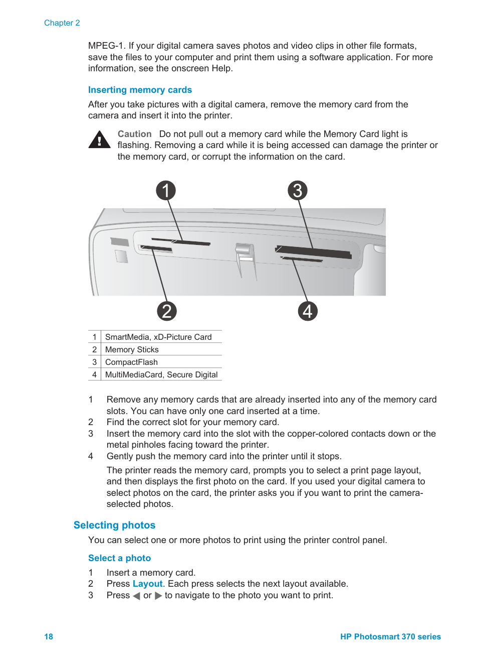 Inserting memory cards, Selecting photos, Photos, see | Selecting, Photos | Olympus 370 series User Manual | Page 20 / 33
