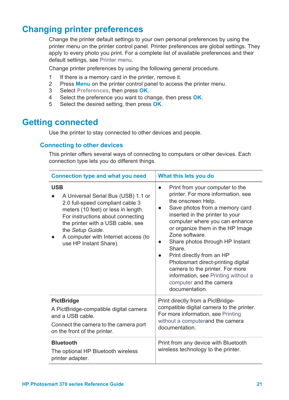 Changing printer preferences, Getting connected, Connecting to other devices | Changing printer preferences getting connected | Olympus 370 series User Manual | Page 23 / 33