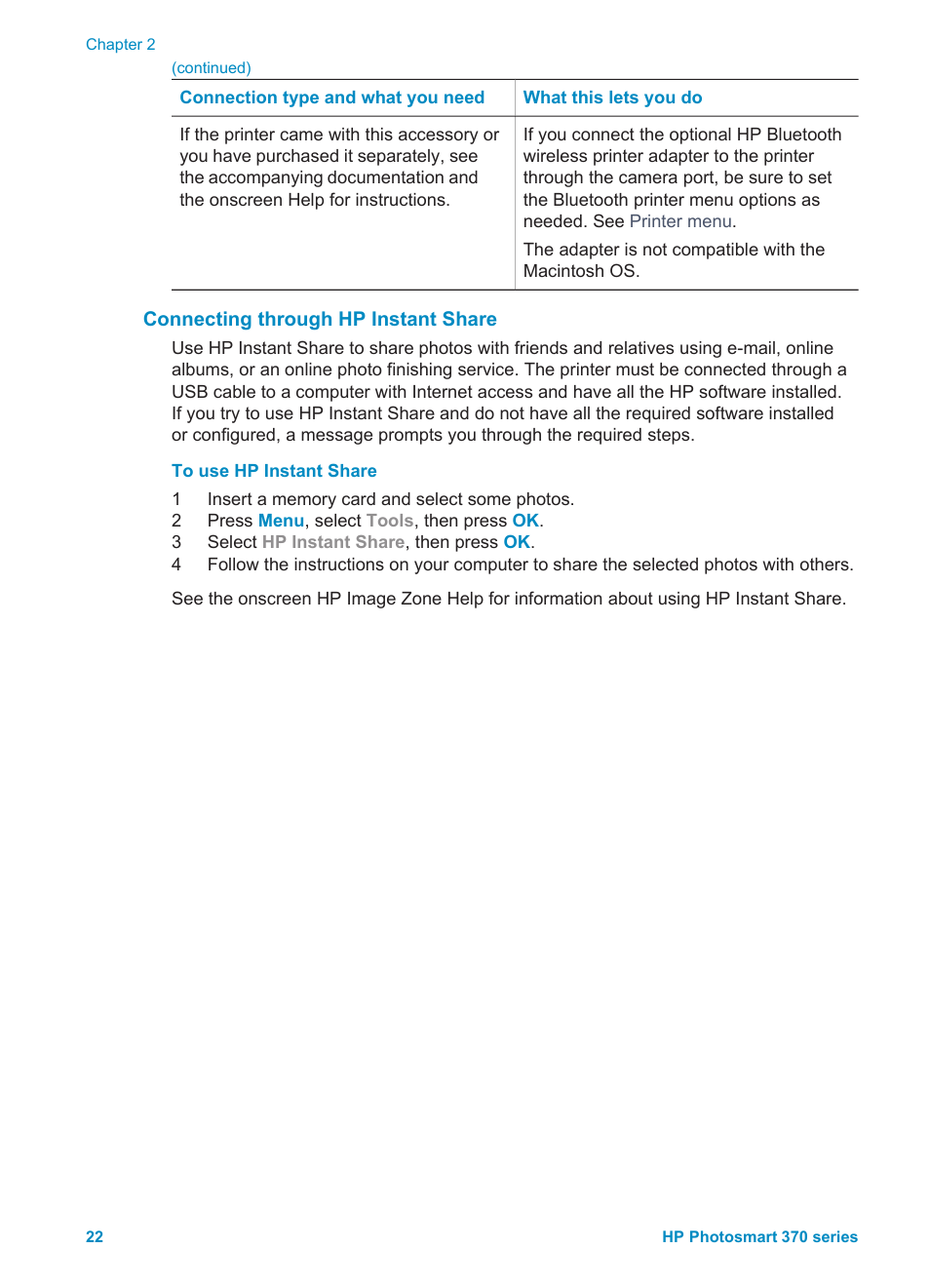 Connecting through hp instant share | Olympus 370 series User Manual | Page 24 / 33