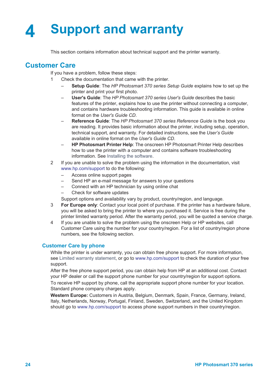 Support and warranty, Customer care, Customer care by phone | Placing a call | Olympus 370 series User Manual | Page 26 / 33