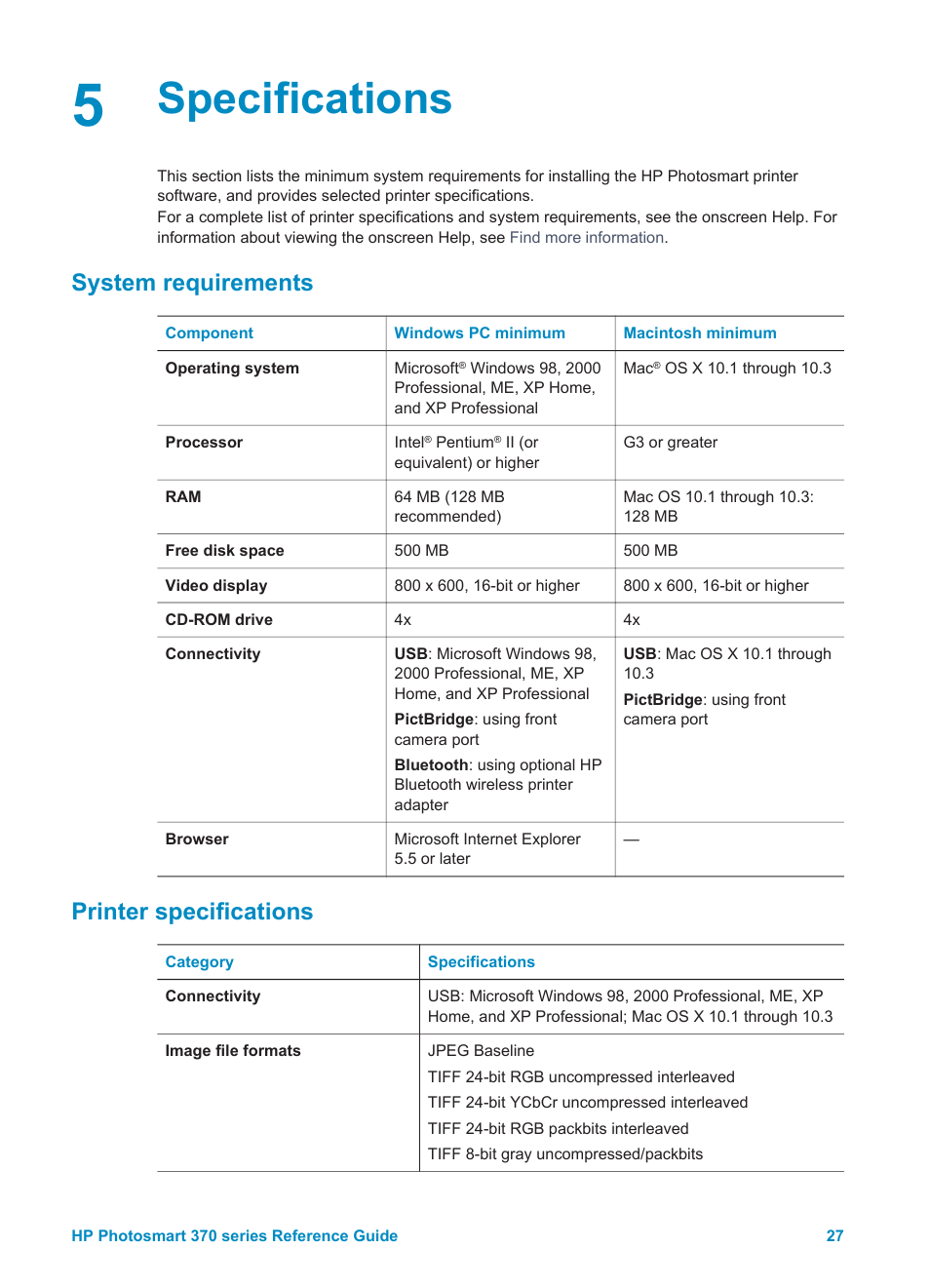 Specifications, System requirements, Printer specifications | System requirements printer specifications | Olympus 370 series User Manual | Page 29 / 33