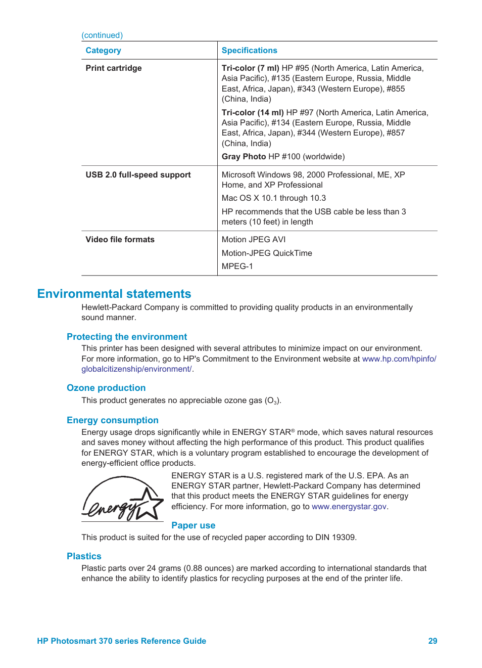 Environmental statements, Protecting the environment, Ozone production | Energy consumption, Paper use, Plastics | Olympus 370 series User Manual | Page 31 / 33