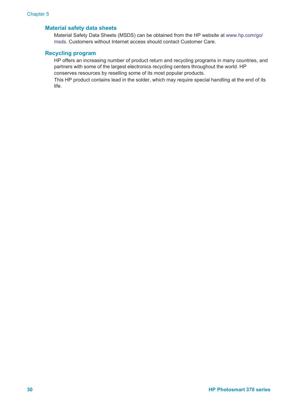 Material safety data sheets, Recycling program | Olympus 370 series User Manual | Page 32 / 33