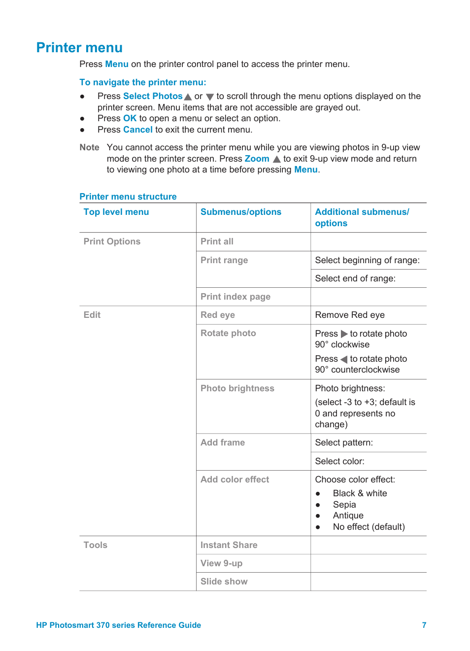 Printer menu | Olympus 370 series User Manual | Page 9 / 33