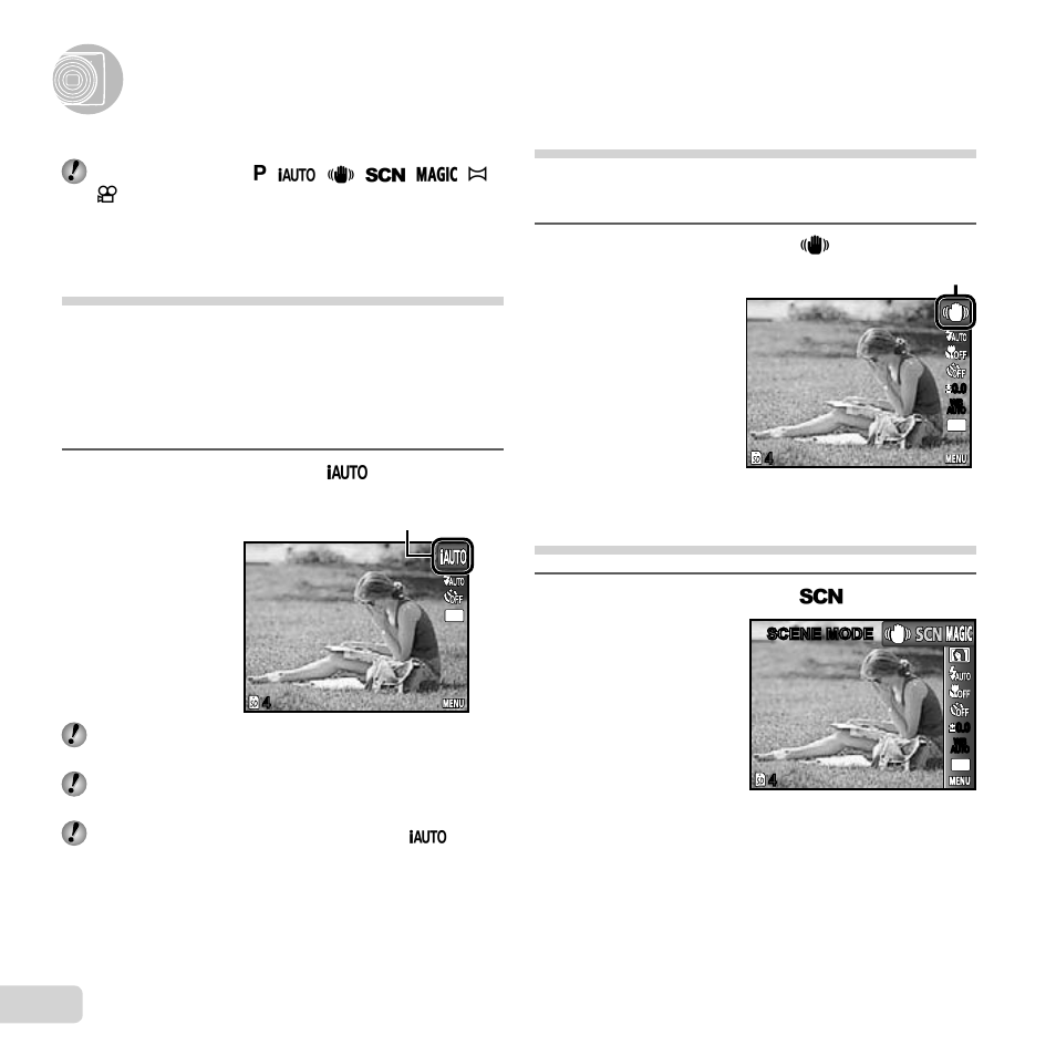 Using shooting modes, 26 en, Shooting with automatic settings [iauto | Reducing blur on shooting [dis mode | Olympus FE-5050 User Manual | Page 26 / 75