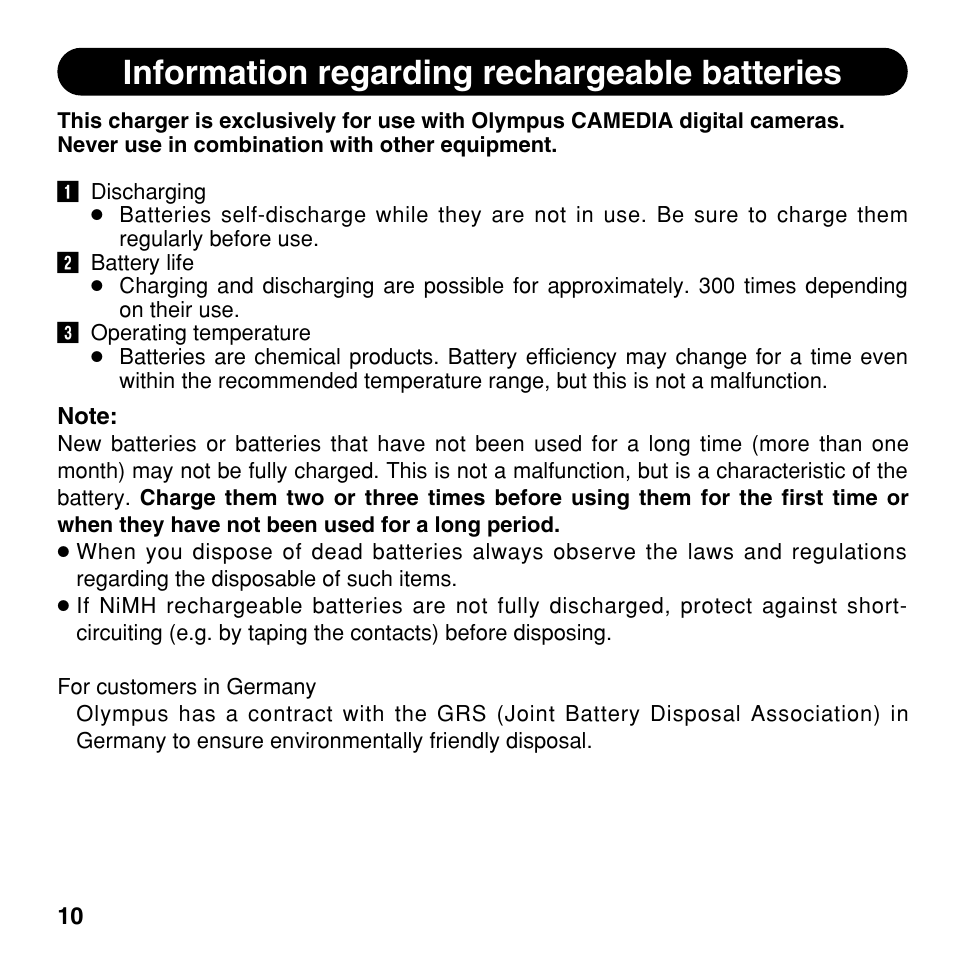 Information regarding rechargeable batteries | Olympus CAMEDIA BU-300 User Manual | Page 10 / 52