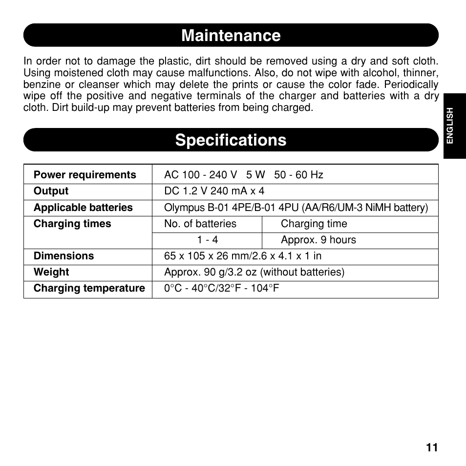 Maintenance, Specifications | Olympus CAMEDIA BU-300 User Manual | Page 11 / 52