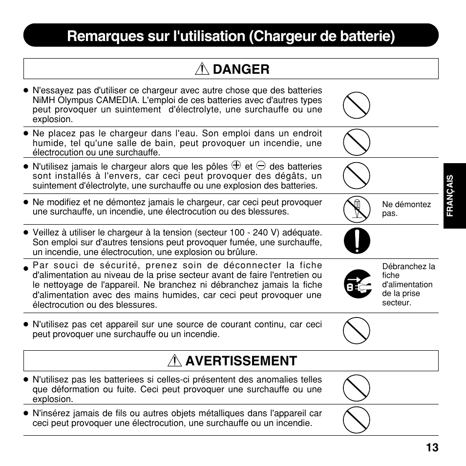 Remarques sur l'utilisation (chargeur de batterie), Danger, Avertissement | Olympus CAMEDIA BU-300 User Manual | Page 13 / 52