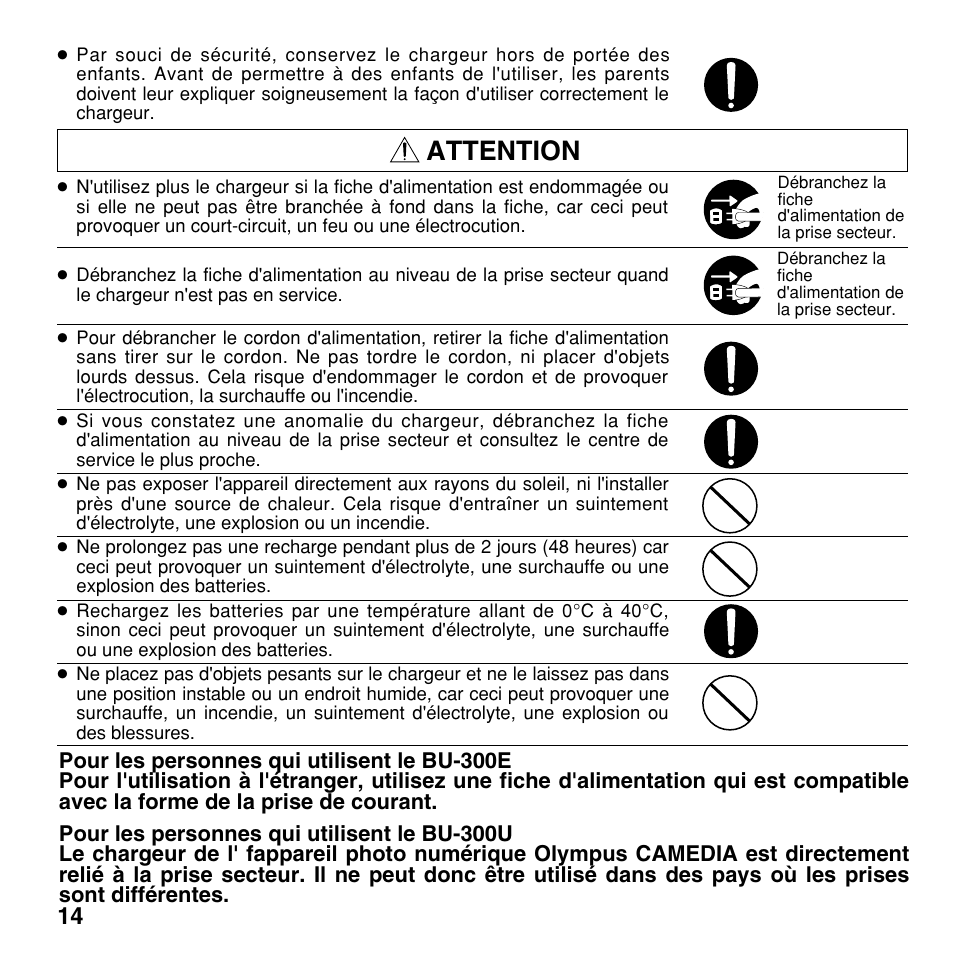 Attention | Olympus CAMEDIA BU-300 User Manual | Page 14 / 52