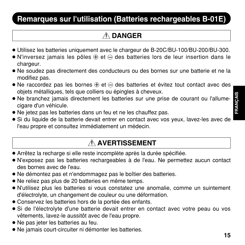 Danger, Avertissement | Olympus CAMEDIA BU-300 User Manual | Page 15 / 52