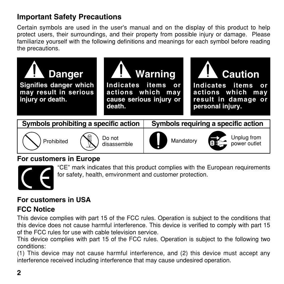 Danger, Warning, Caution | Olympus CAMEDIA BU-300 User Manual | Page 2 / 52