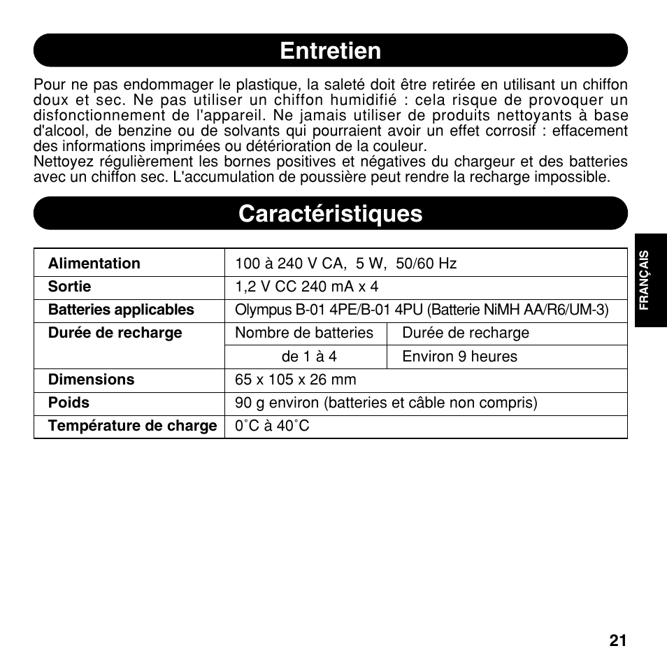 Entretien, Caractéristiques | Olympus CAMEDIA BU-300 User Manual | Page 21 / 52