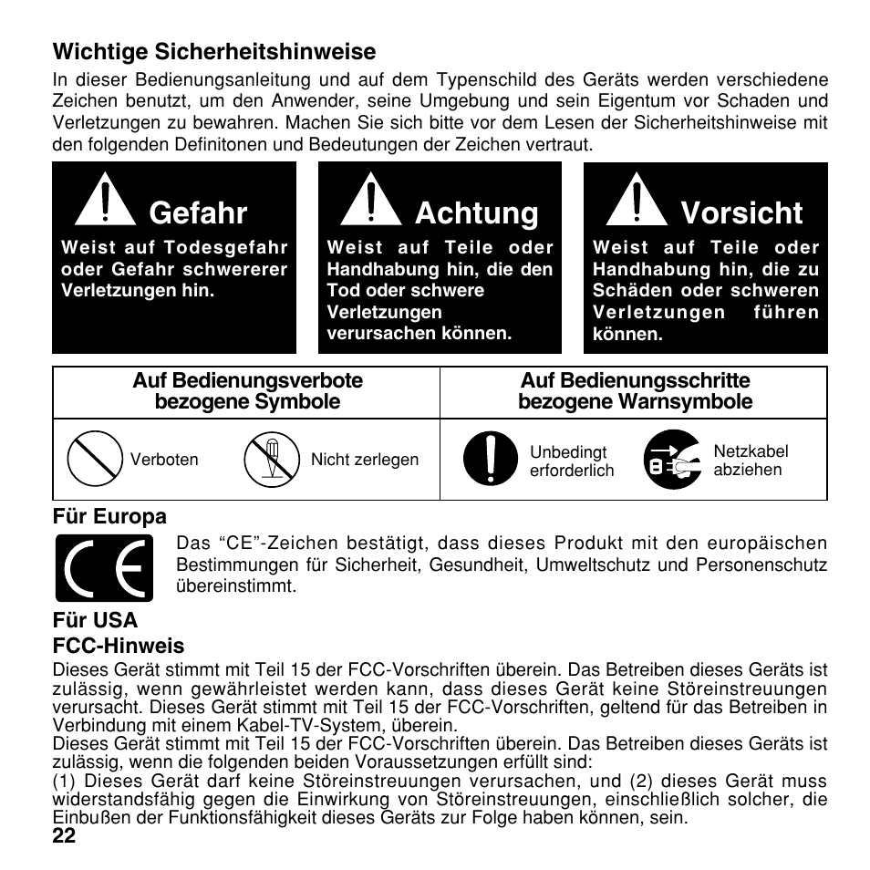 Gefahr, Achtung, Vorsicht | Olympus CAMEDIA BU-300 User Manual | Page 22 / 52