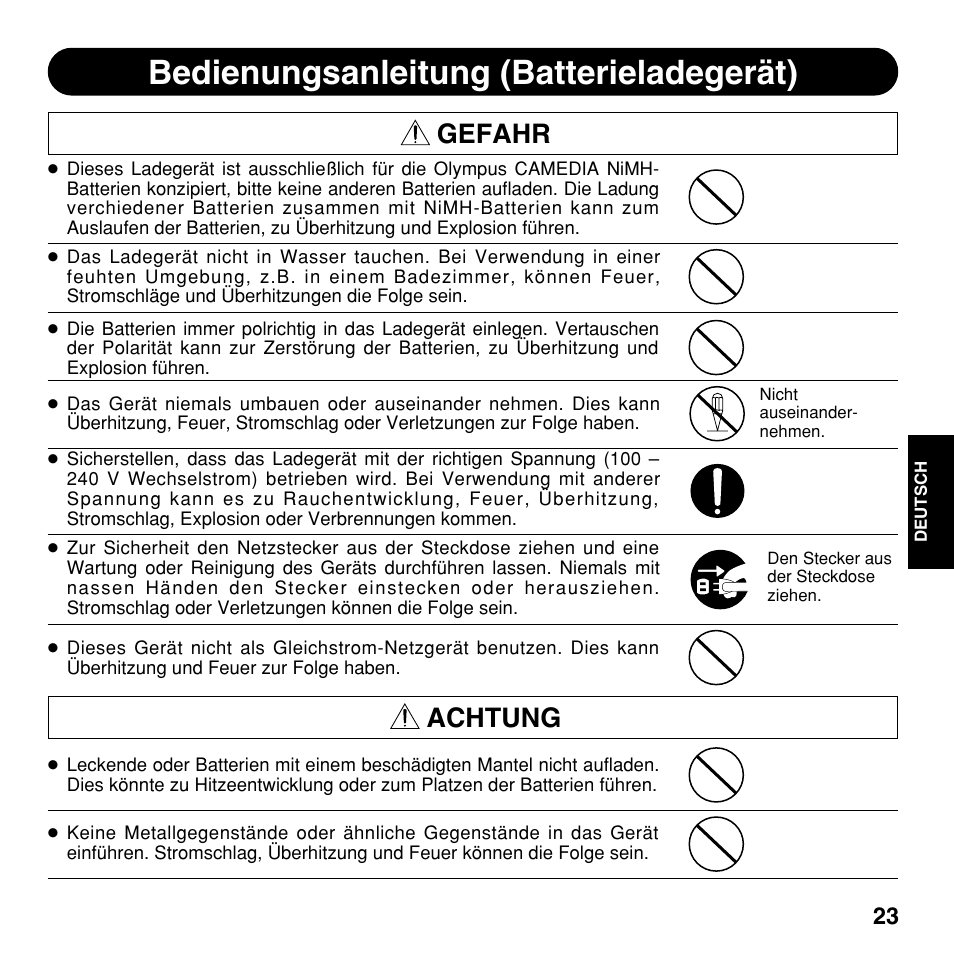 Bedienungsanleitung (batterieladegerät), Gefahr, Achtung | Olympus CAMEDIA BU-300 User Manual | Page 23 / 52