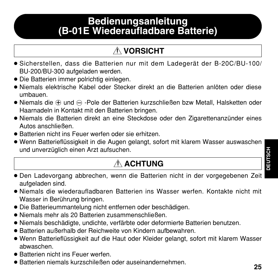 Vorsicht, Achtung | Olympus CAMEDIA BU-300 User Manual | Page 25 / 52