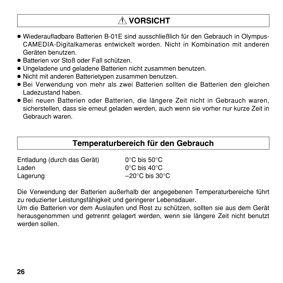 Vorsicht, Temperaturbereich für den gebrauch | Olympus CAMEDIA BU-300 User Manual | Page 26 / 52
