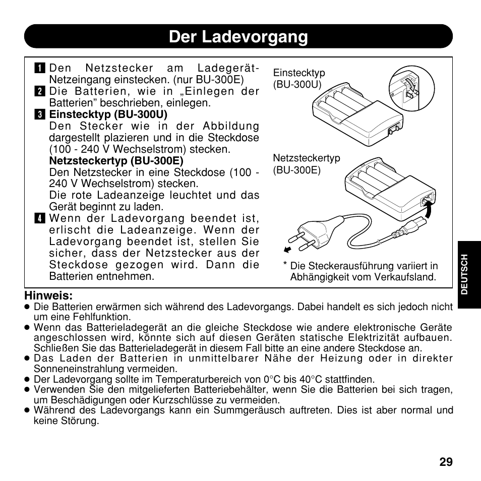 Der ladevorgang | Olympus CAMEDIA BU-300 User Manual | Page 29 / 52