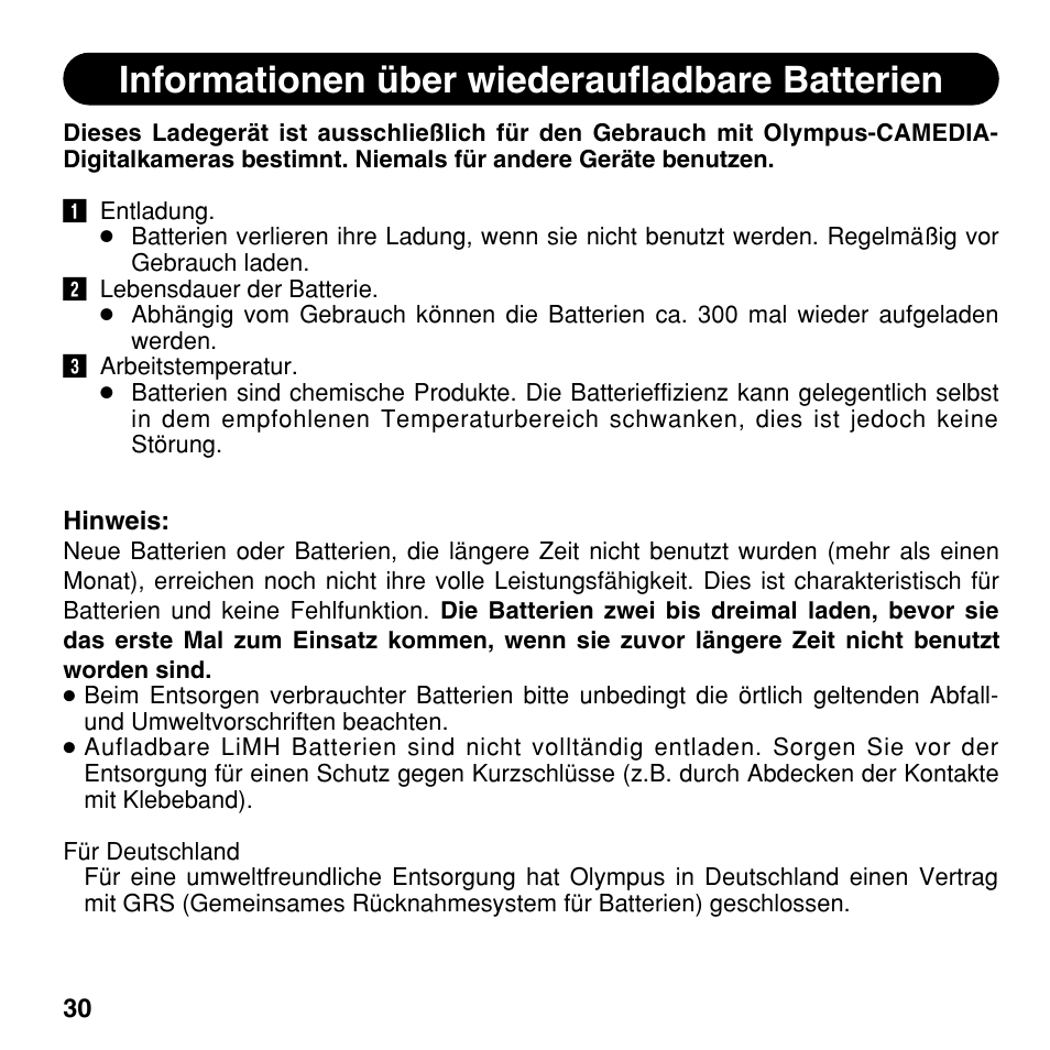 Informationen über wiederaufladbare batterien | Olympus CAMEDIA BU-300 User Manual | Page 30 / 52