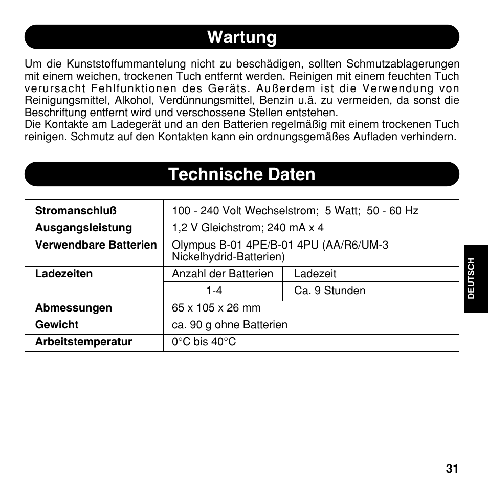 Wartung, Technische daten | Olympus CAMEDIA BU-300 User Manual | Page 31 / 52