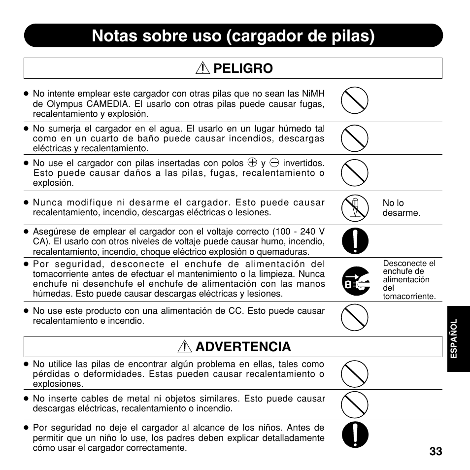 Notas sobre uso (cargador de pilas), Peligro, Advertencia | Olympus CAMEDIA BU-300 User Manual | Page 33 / 52