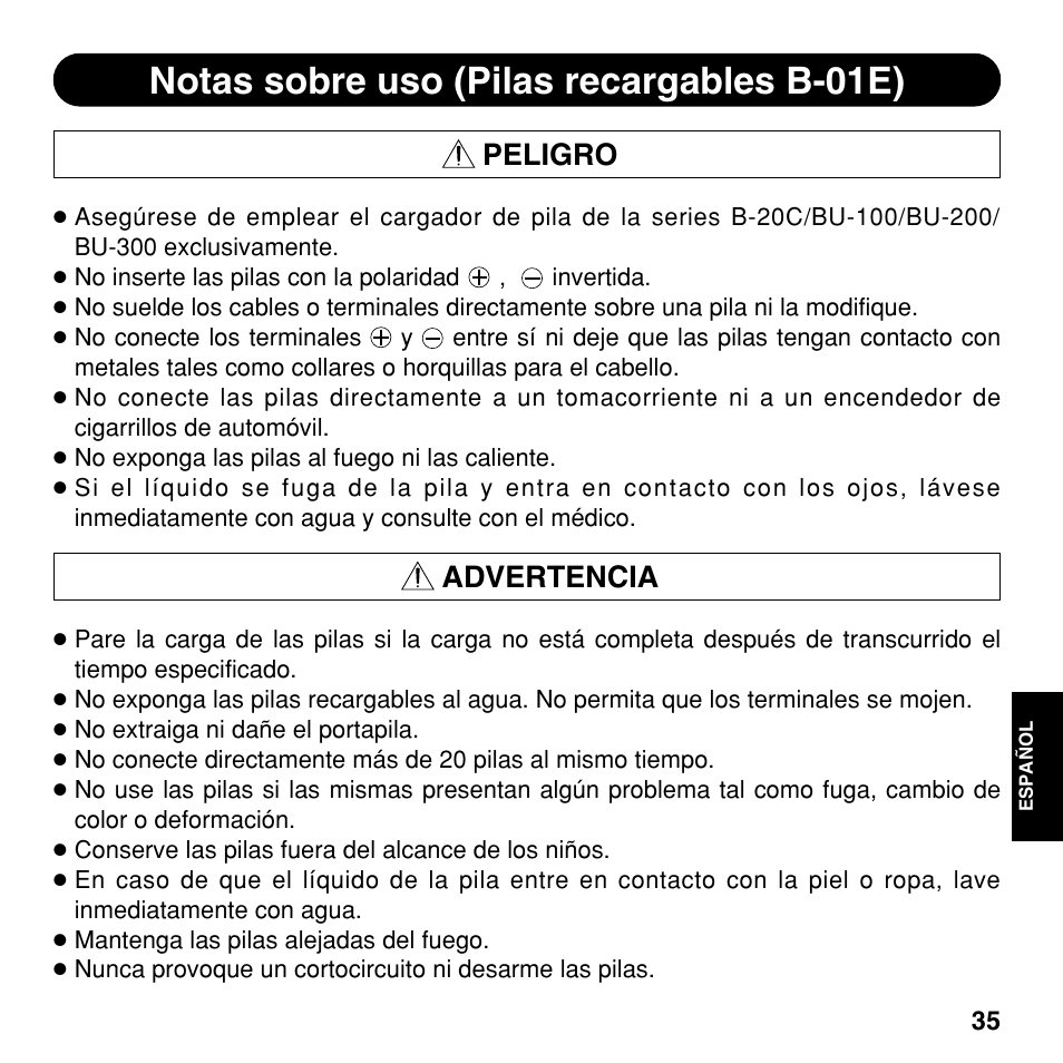Notas sobre uso (pilas recargables b-01e), Peligro, Advertencia | Olympus CAMEDIA BU-300 User Manual | Page 35 / 52
