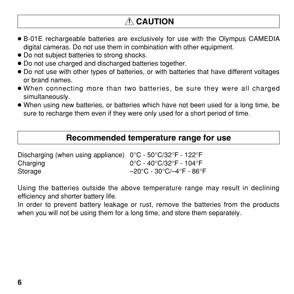 Caution, Recommended temperature range for use | Olympus CAMEDIA BU-300 User Manual | Page 6 / 52