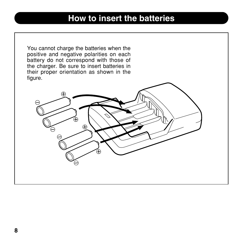 How to insert the batteries | Olympus CAMEDIA BU-300 User Manual | Page 8 / 52