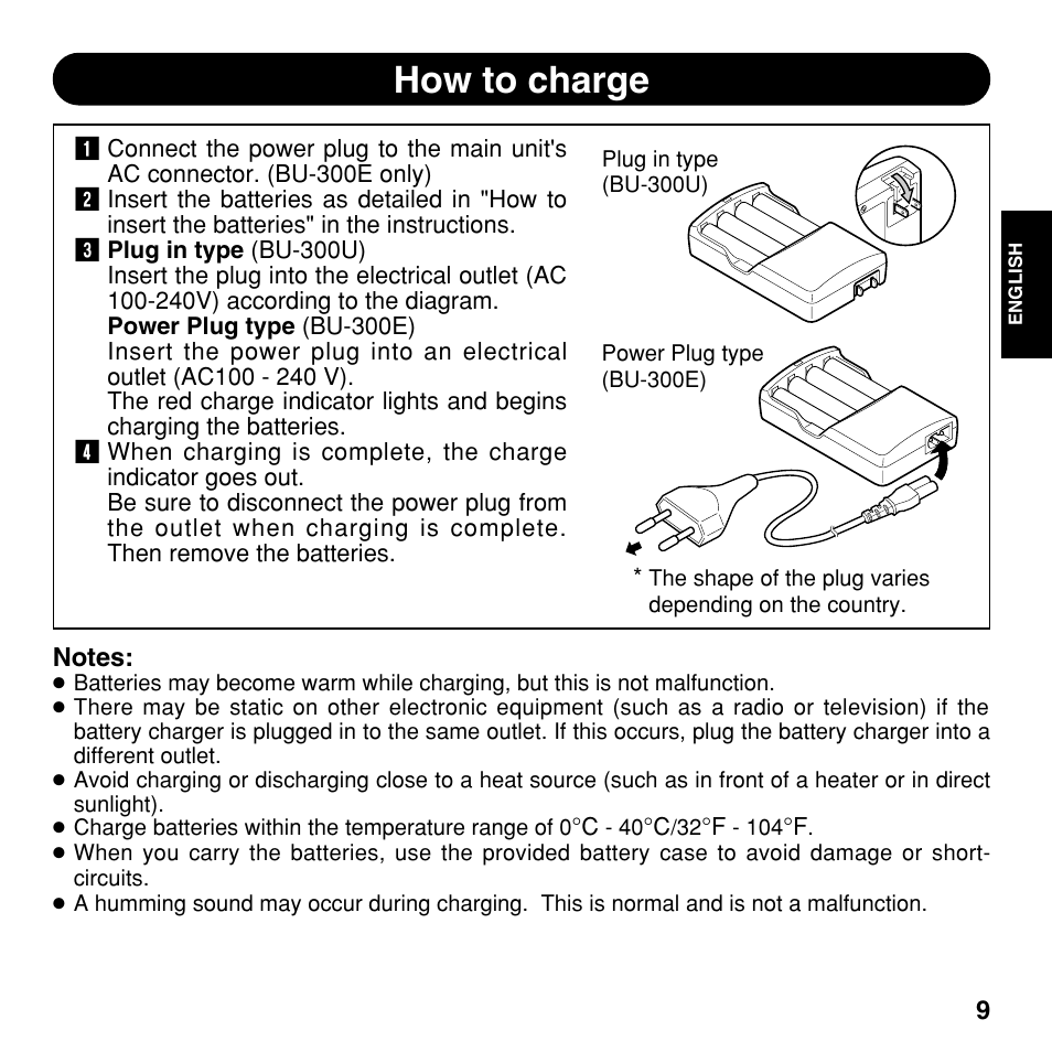 How to charge | Olympus CAMEDIA BU-300 User Manual | Page 9 / 52