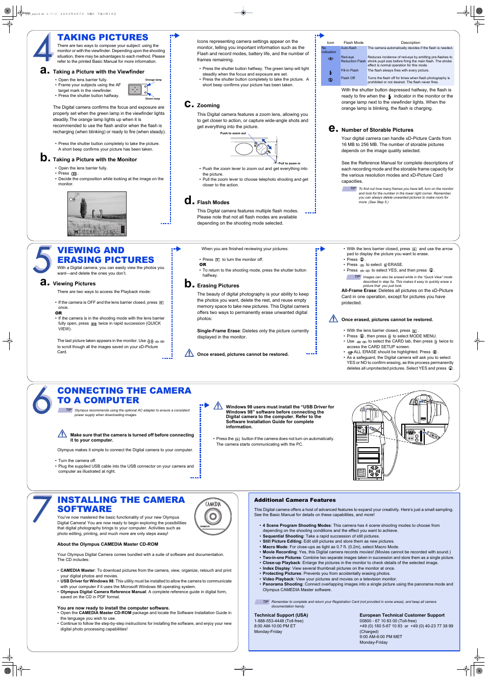 Viewing and erasing pictures, Taking pictures, Installing the camera software | Connecting the camera to a computer | Olympus C-450Zoom User Manual | Page 2 / 2