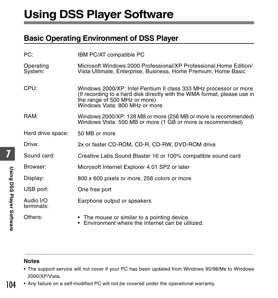 Using dss player software, Basic operating environment of dss player | Olympus DS-61 User Manual | Page 104 / 171