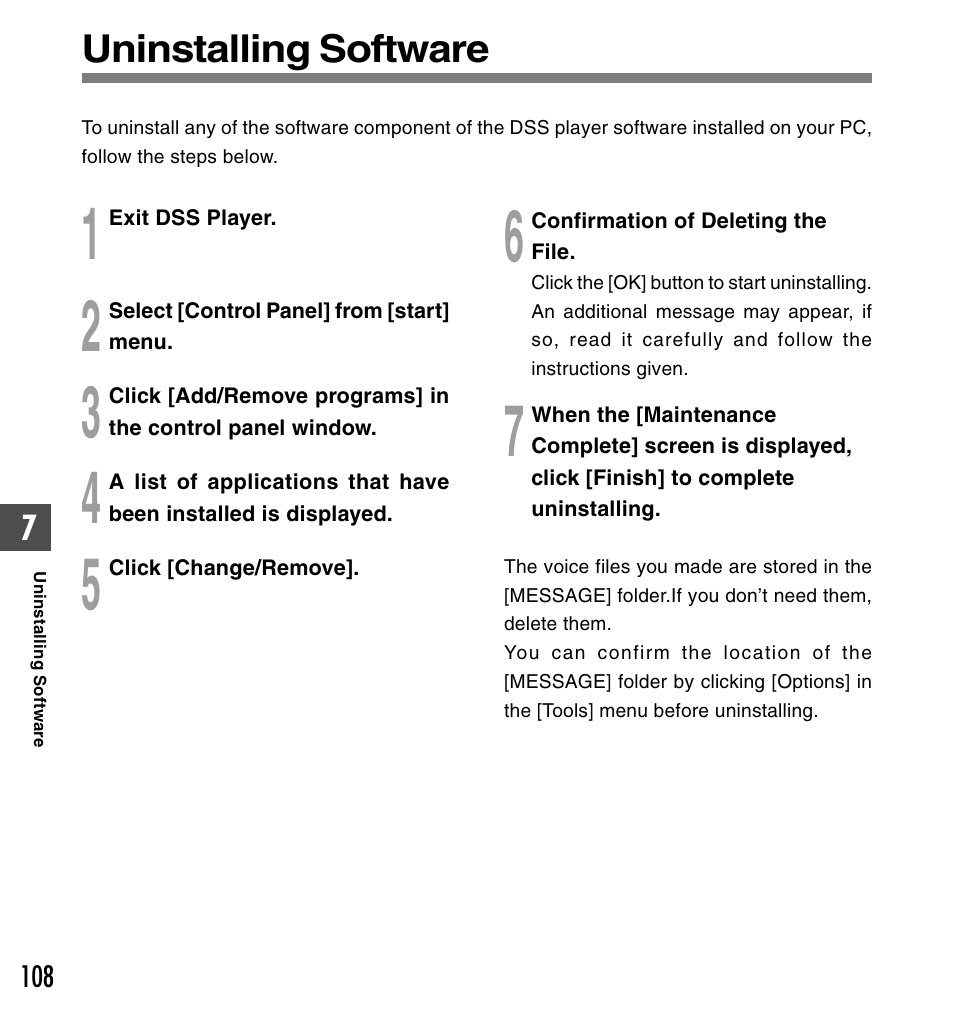 Uninstalling software | Olympus DS-61 User Manual | Page 108 / 171