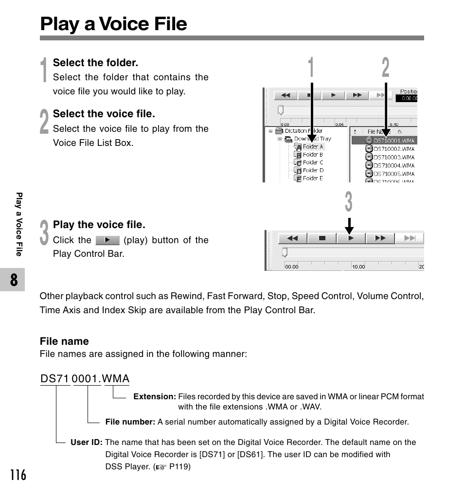 Play a voice file | Olympus DS-61 User Manual | Page 116 / 171