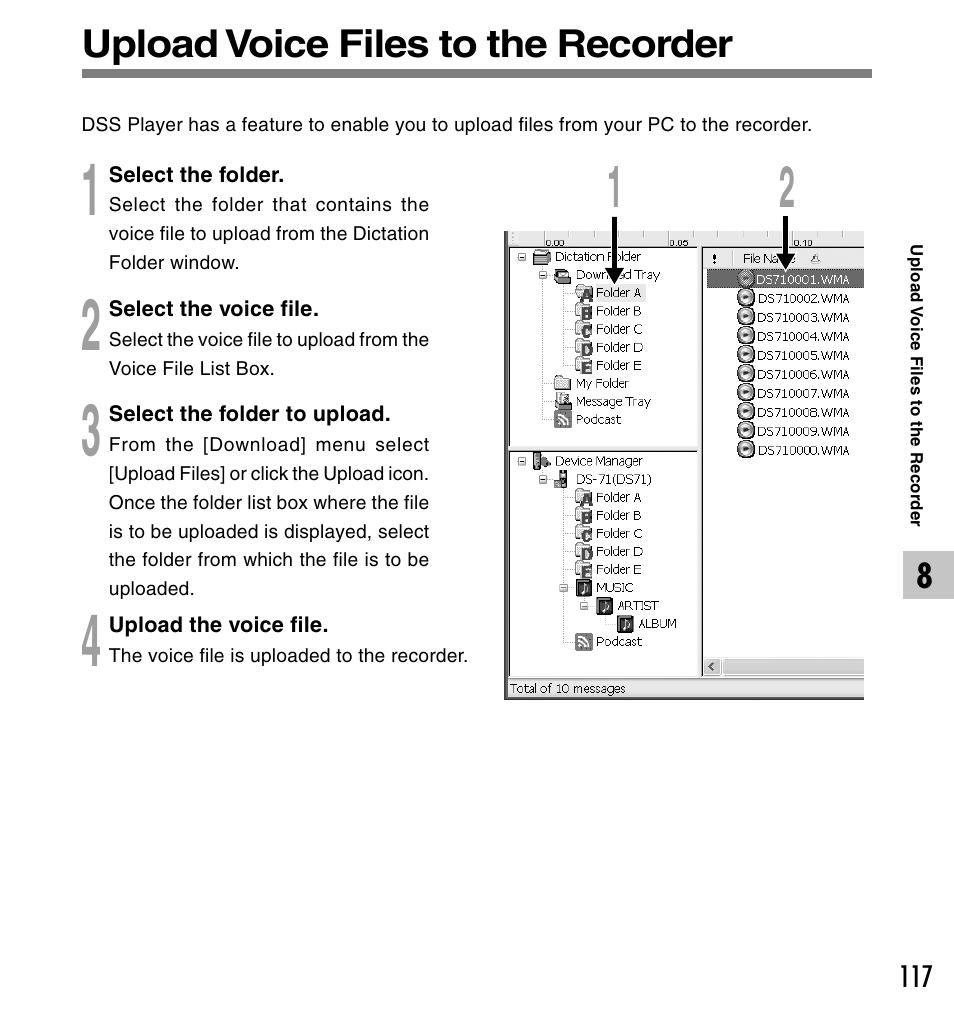 Upload voice files to the recorder | Olympus DS-61 User Manual | Page 117 / 171