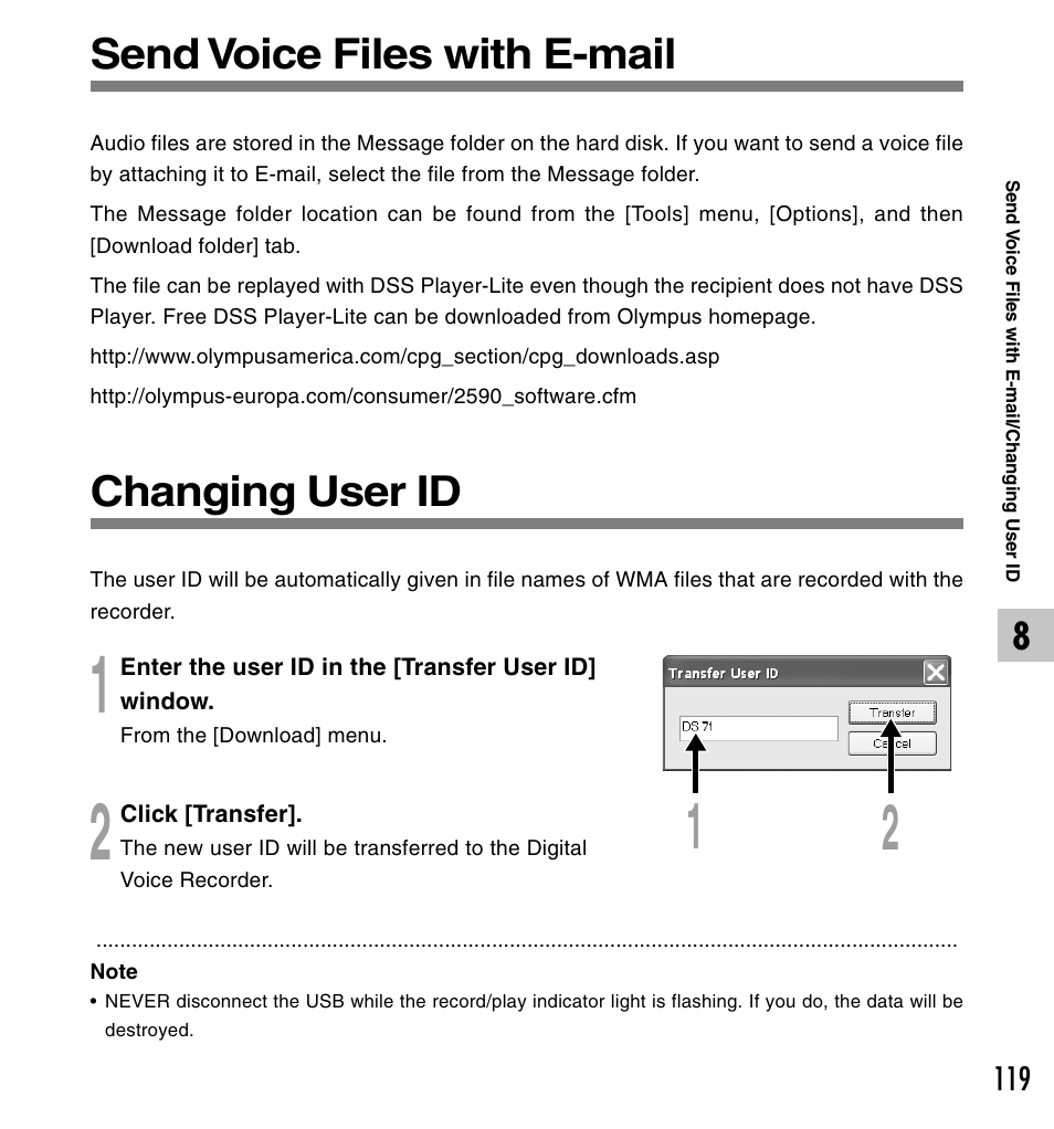 Send voice files with e-mail, Changing user id | Olympus DS-61 User Manual | Page 119 / 171
