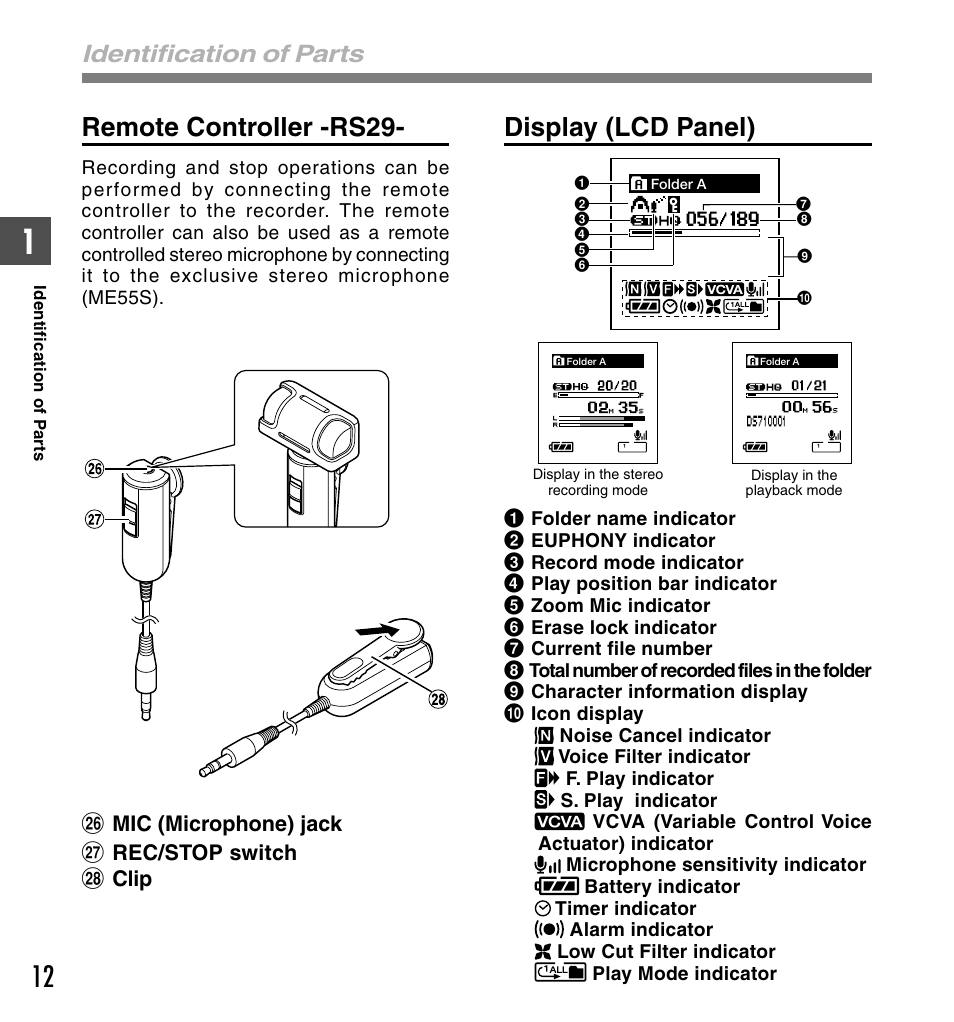 Remote controller -rs29, Display (lcd panel), Identification of parts | Olympus DS-61 User Manual | Page 12 / 171