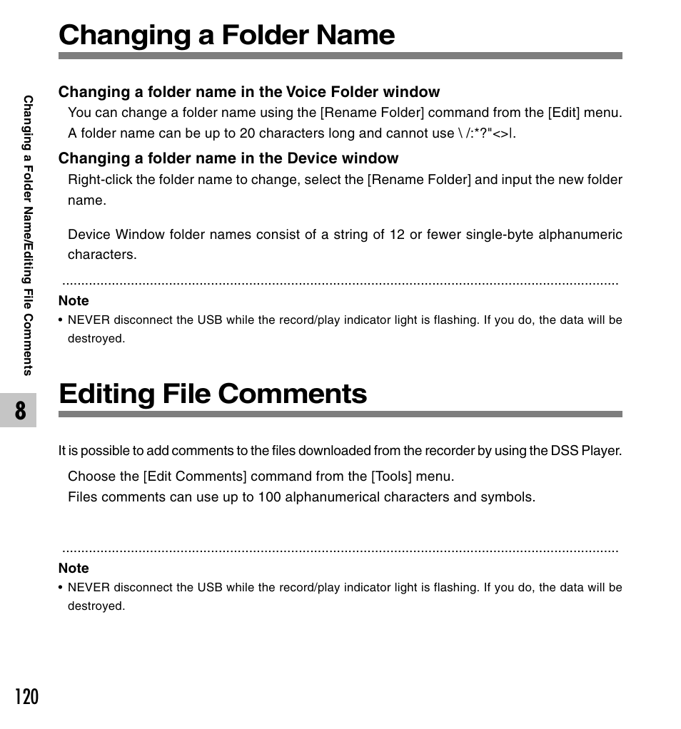 Changing a folder name, Editing file comments | Olympus DS-61 User Manual | Page 120 / 171