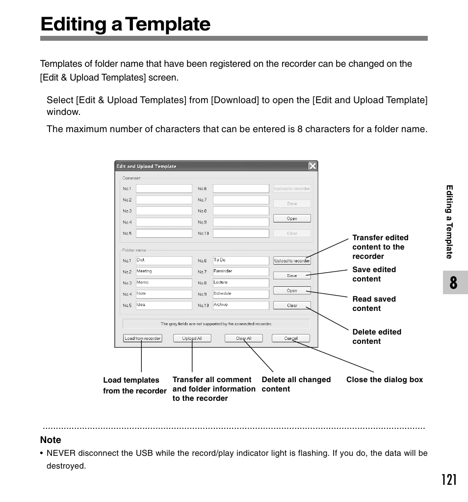 Editing a template | Olympus DS-61 User Manual | Page 121 / 171