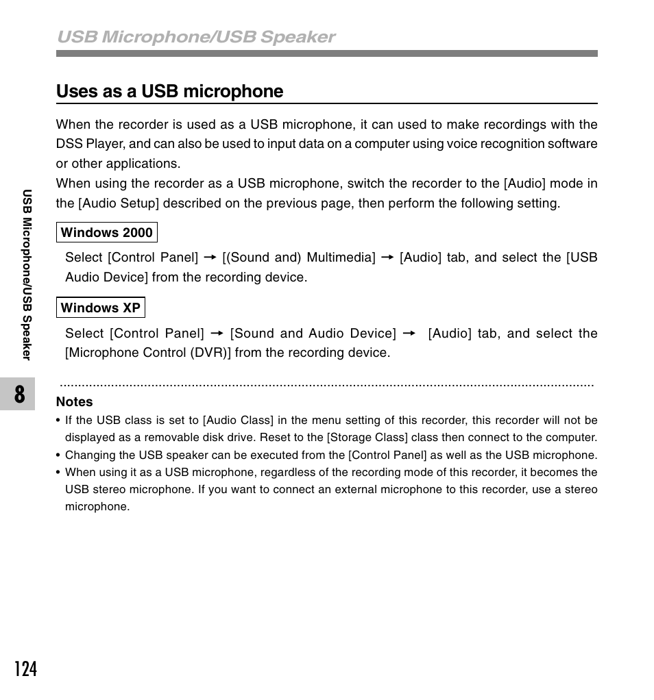 Uses as a usb microphone, Usb microphone/usb speaker | Olympus DS-61 User Manual | Page 124 / 171